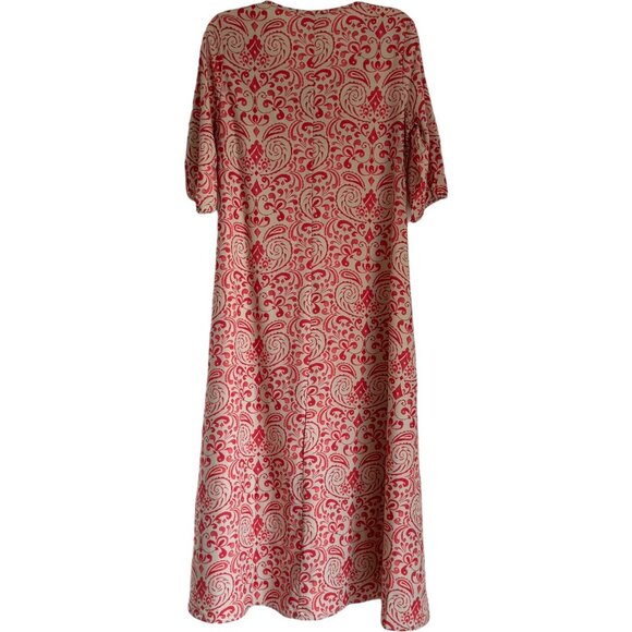 New Women's V-Neck A-Line Maxi Dress Pink & Beige Pattern Small Short Sleeve - Picture 4 of 8